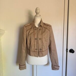 White House Black Market tan cropped workwear jacket button-up front with zipper